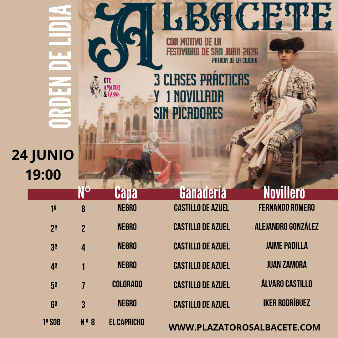 Cartel oficial del orden de lidia del 24 de junio de 2026 en Albacete,