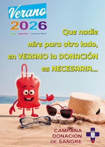 Presentación oficial del nuevo cartel promocional de la campaña de donación de sangre de verano en Albacete con el lema institucional visible frente a los medios de comunicación.