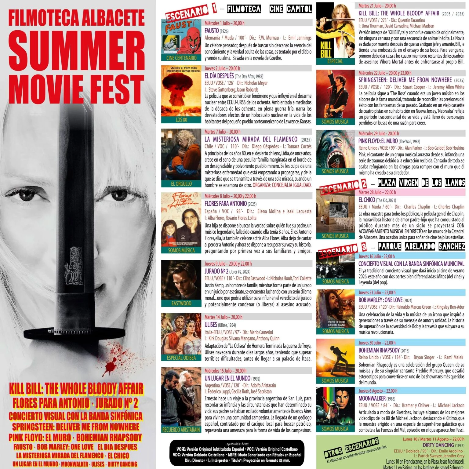 Cartel oficial con los horarios, ciclos cinematográficos y localizaciones de la programación de Cine de Verano organizada por la Filmoteca de Albacete.