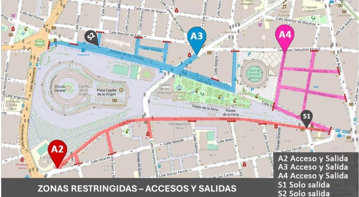 Plano informativo de control de accesos de la Policía Local en la Feria de Albacete.