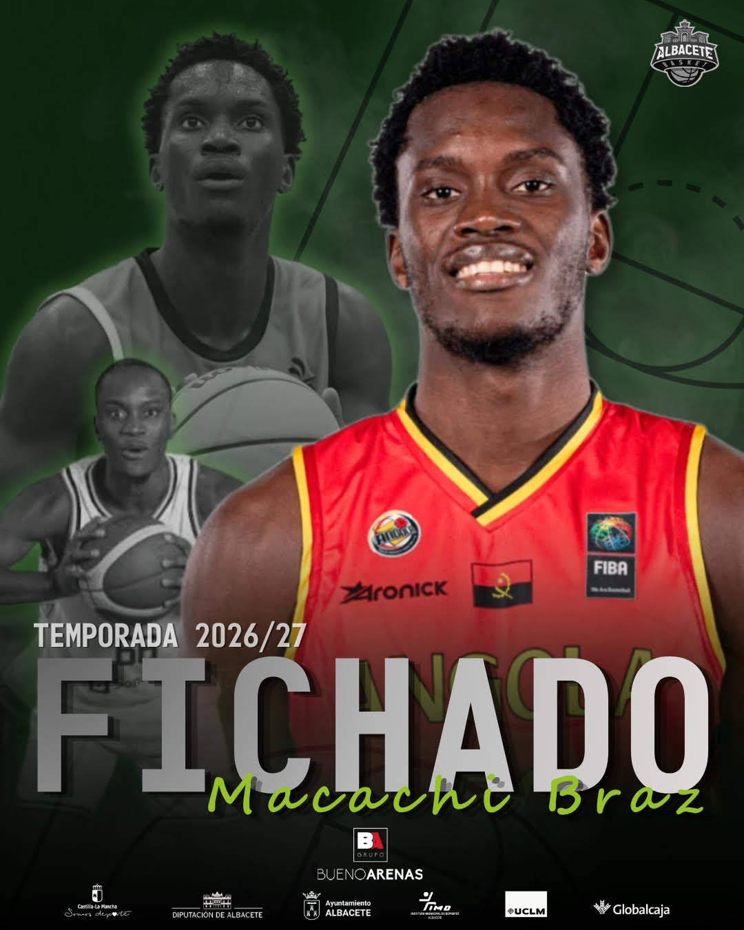 Macachi Braz posando como nuevo jugador interior del Bueno Arenas Albacete Basket para la temporada 2026/27