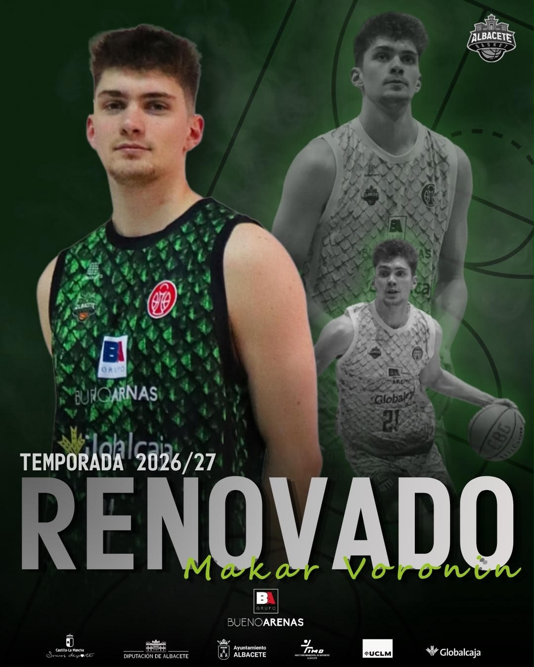 El escolta Makar Voronin en un lance de juego vistiendo la camiseta del Bueno Arenas Albacete Basket.