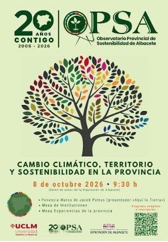 Cartel promocional de la jornada del 20º aniversario del Observatorio Provincial de Sostenibilidad en Albacete