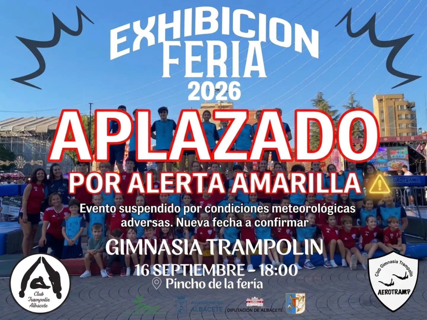 cartel de aplazado por alerta de trampolin en la feria