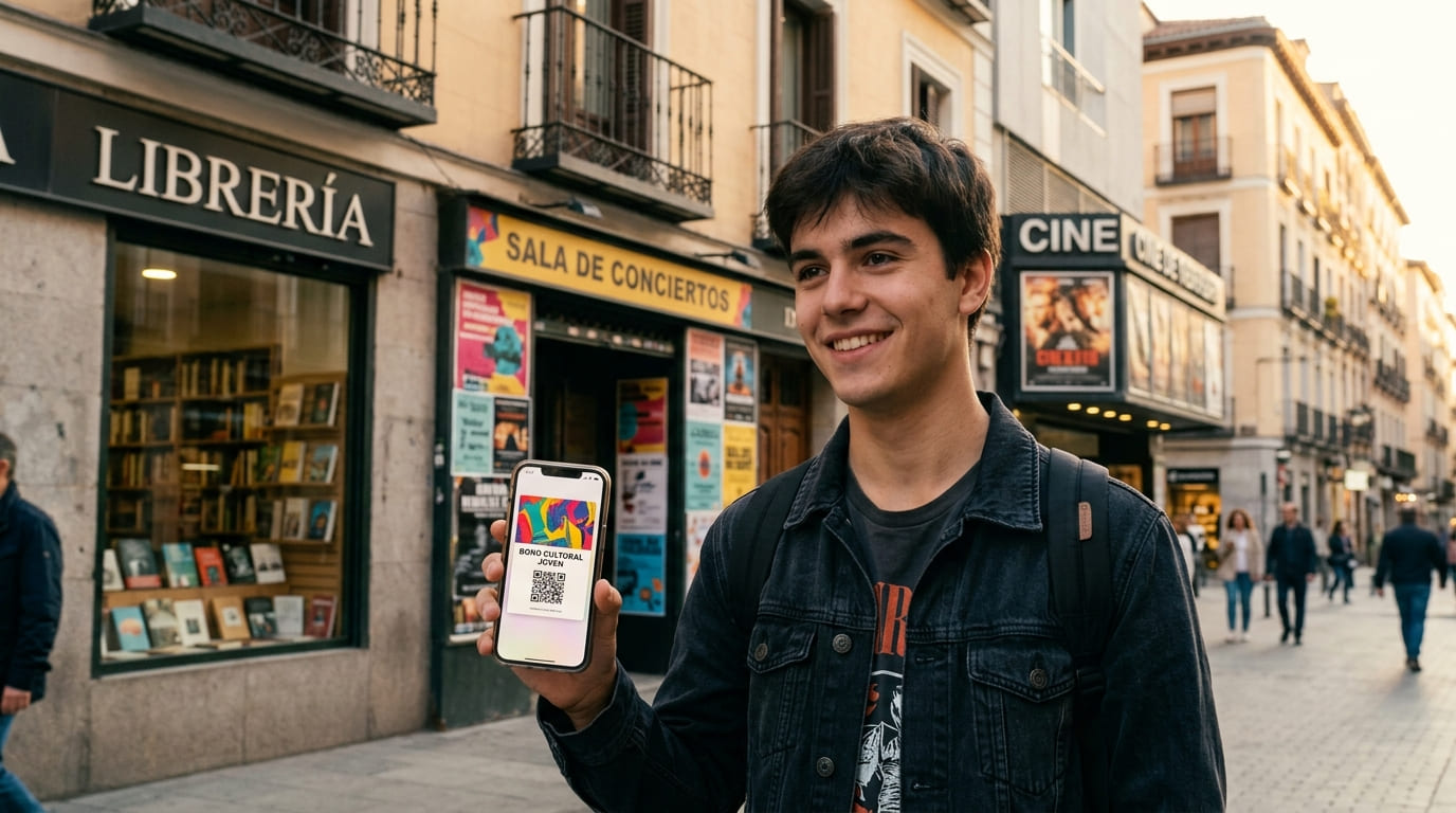 chico con el bono cultural en el telefono movil