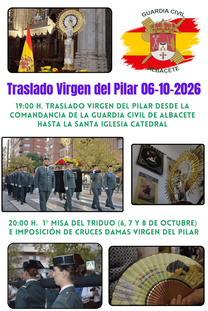 Agentes de la Guardia Civil portando a hombros la imagen de la Virgen del Pilar durante el traslado procesional por las calles de Albacete.